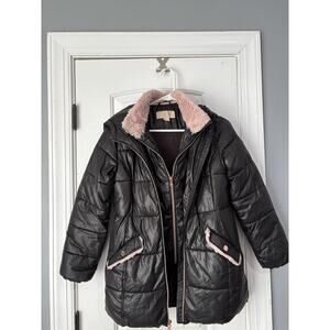Michael Kors Girls Size 14 Black Puffer Coat Pink Faux Fur Hooded